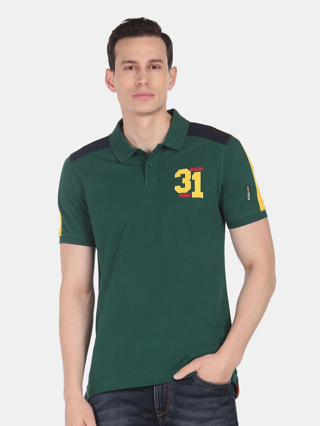 AD By Arvind Men Green & Black Varsity Printed Polo Collar Slim Fit Pure Cotton T-shirt
AD By Arvind Men Green & Black Varsity Printed Polo Collar Slim Fit Pure Cotton T-shirt
