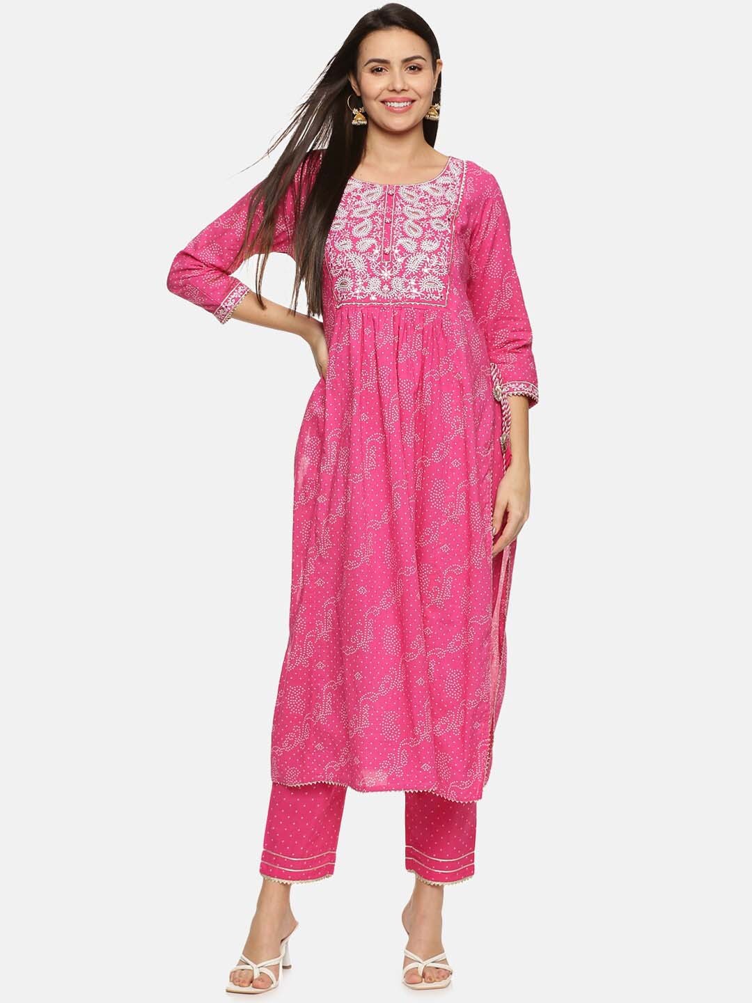 Palakh Women Pink Bandhani Embroidered Thread Work Pure Cotton Kurta with Trousers
Palakh Women Pink Bandhani Embroidered Thread Work Pure Cotton Kurta with Trousers