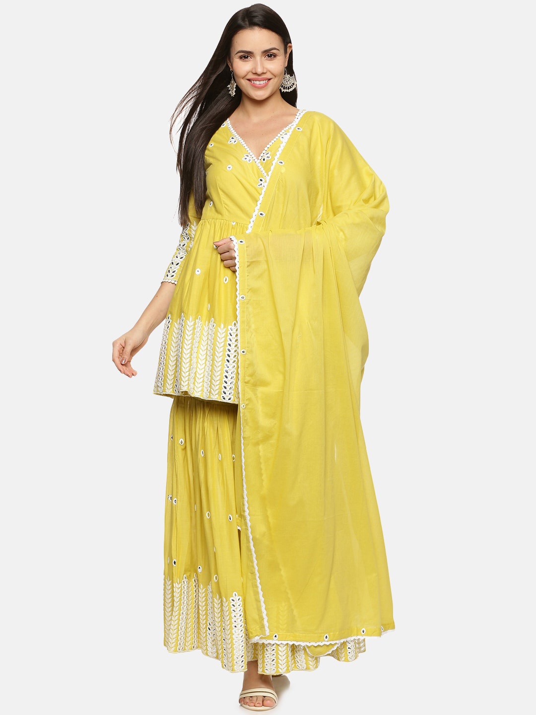 Palakh Women Yellow Embroidered Angrakha Mirror Work Pure Cotton Kurta with Sharara & With Dupatta
Palakh Women Yellow Embroidered Angrakha Mirror Work Pure Cotton Kurta with Sharara & With Dupatta