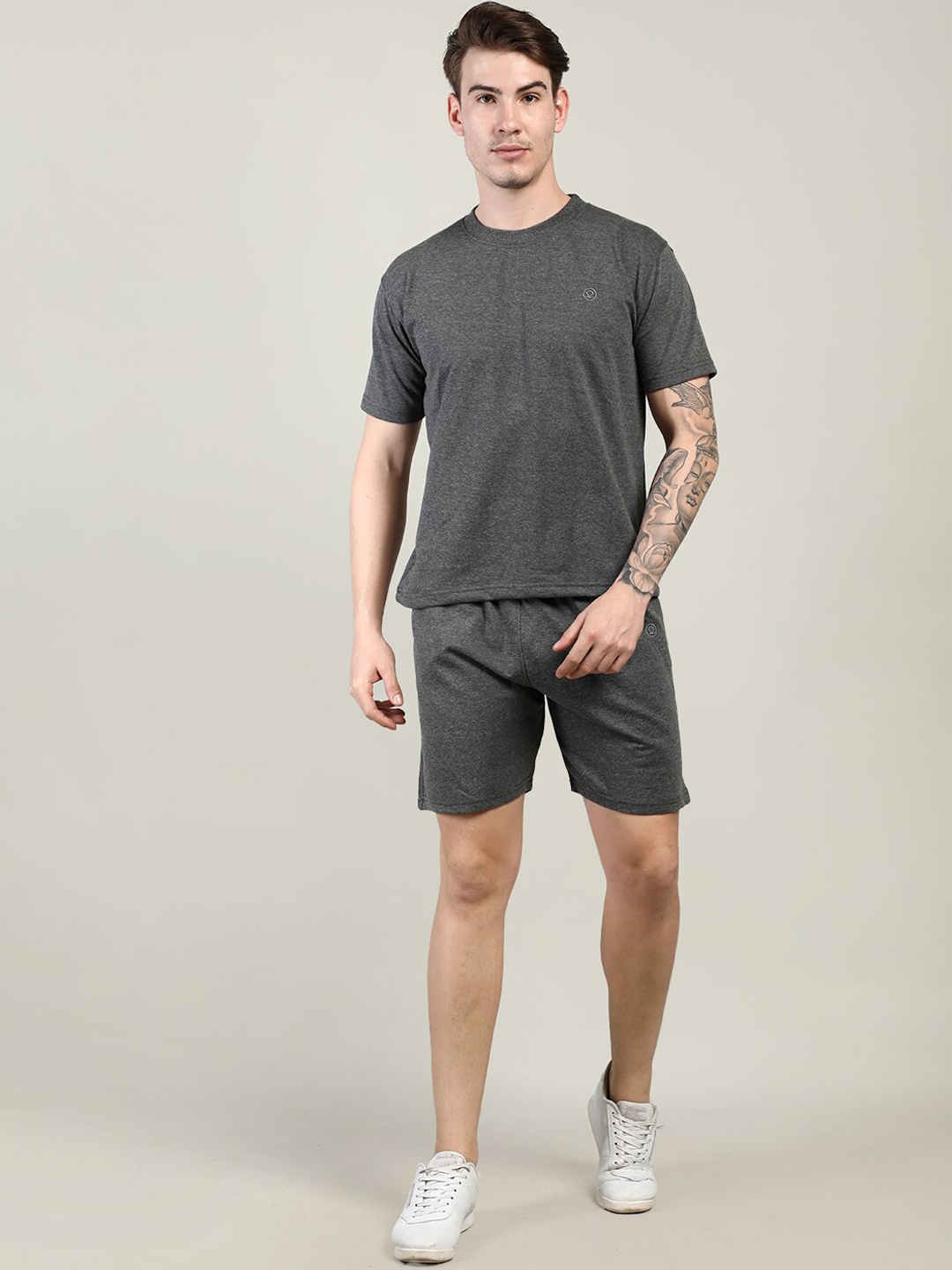 CHKOKKO Men Grey Solid Co-Ord Set