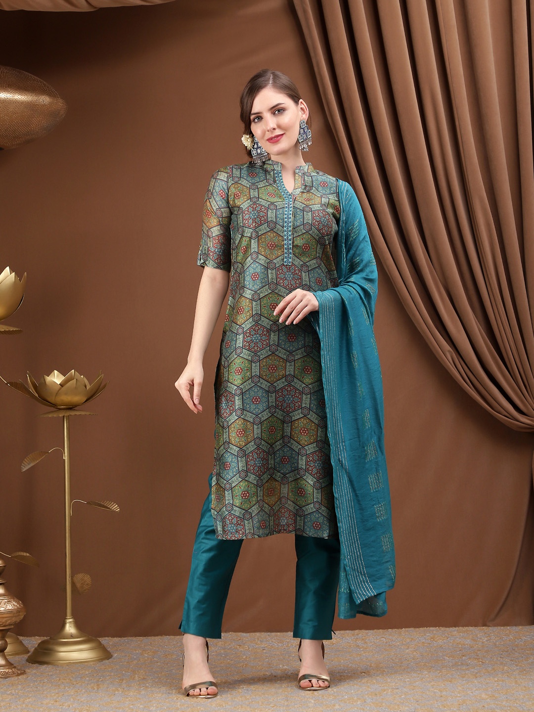 Bani Women Women Blue Printed Chanderi Cotton Kurta with Trousers & Dupatta