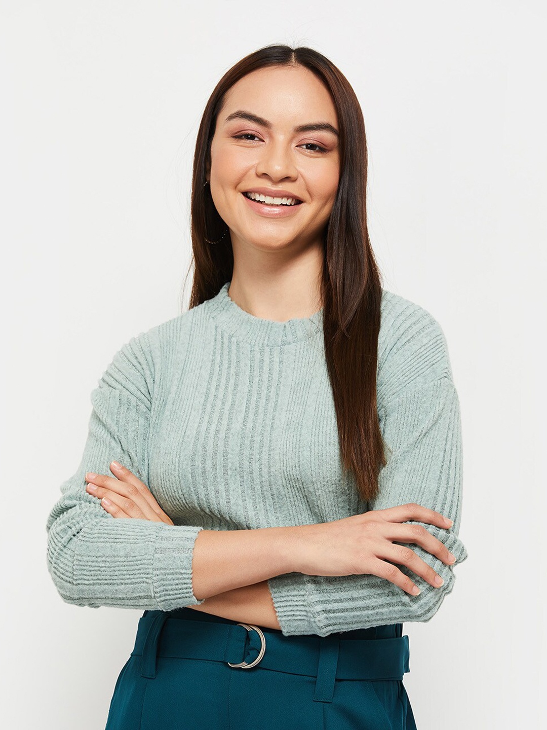 max Women Green Striped Top