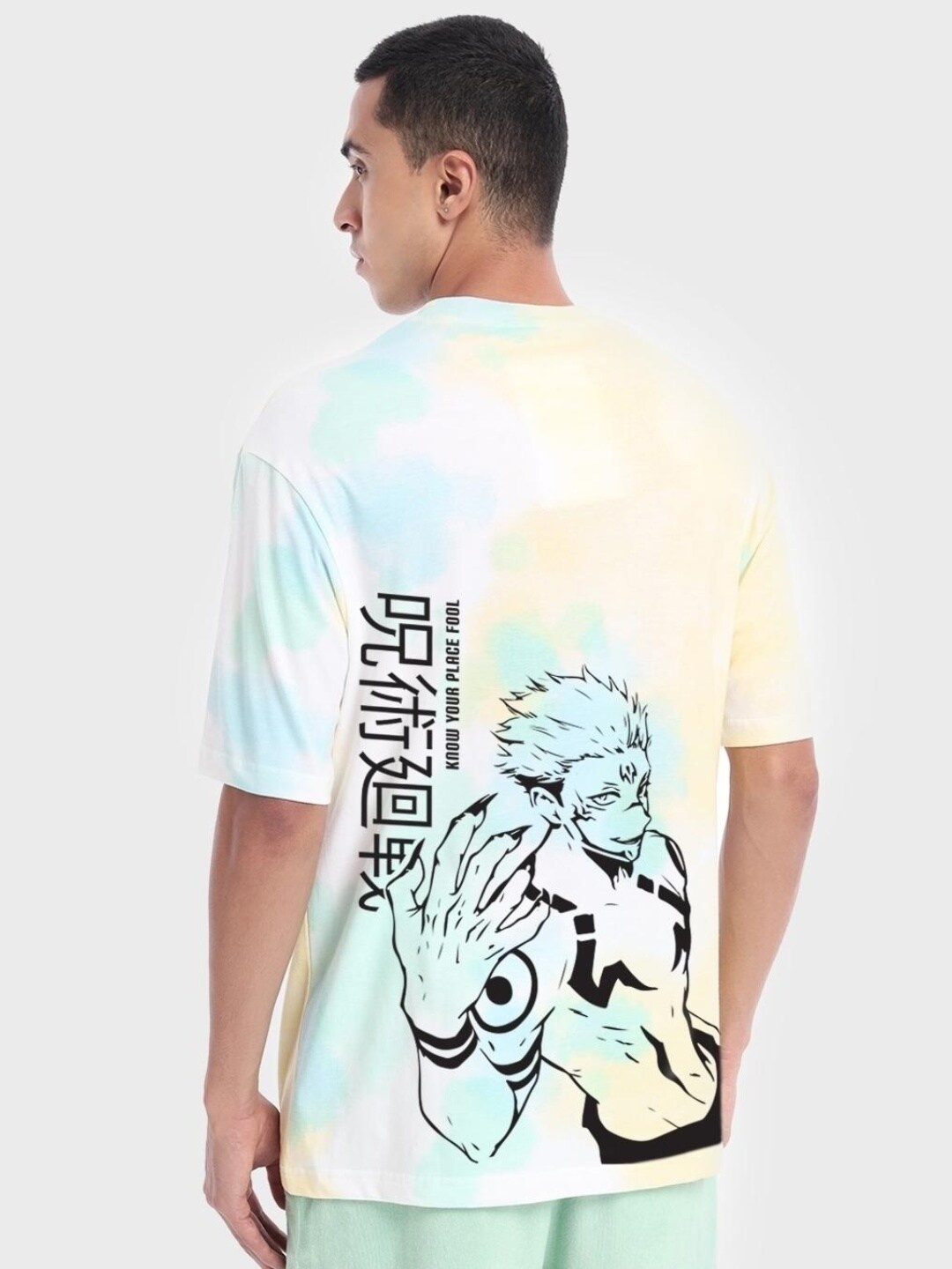 Bewakoof Men White & Green Know Your Place Fool Tie and Dye Loose T-shirt