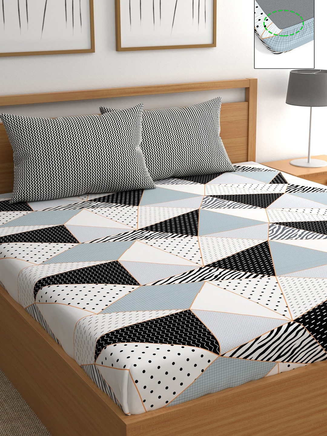 CHHAVI INDIA Black & White Geometric Fitted 210 TC Queen Bedsheet with 2 Pillow Covers
CHHAVI INDIA Black & White Geometric Fitted 210 TC Queen Bedsheet with 2 Pillow Covers