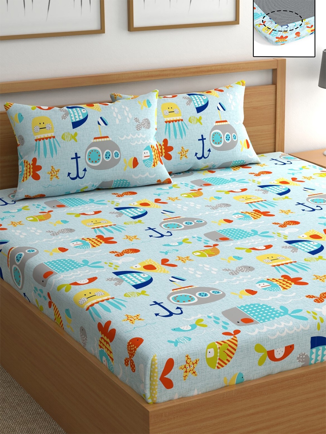 CHHAVI INDIA Turquoise Blue & Yellow Conversational 210 TC Queen Bedsheet with 2 Pillow Covers
CHHAVI INDIA Turquoise Blue & Yellow Conversational 210 TC Queen Bedsheet with 2 Pillow Covers