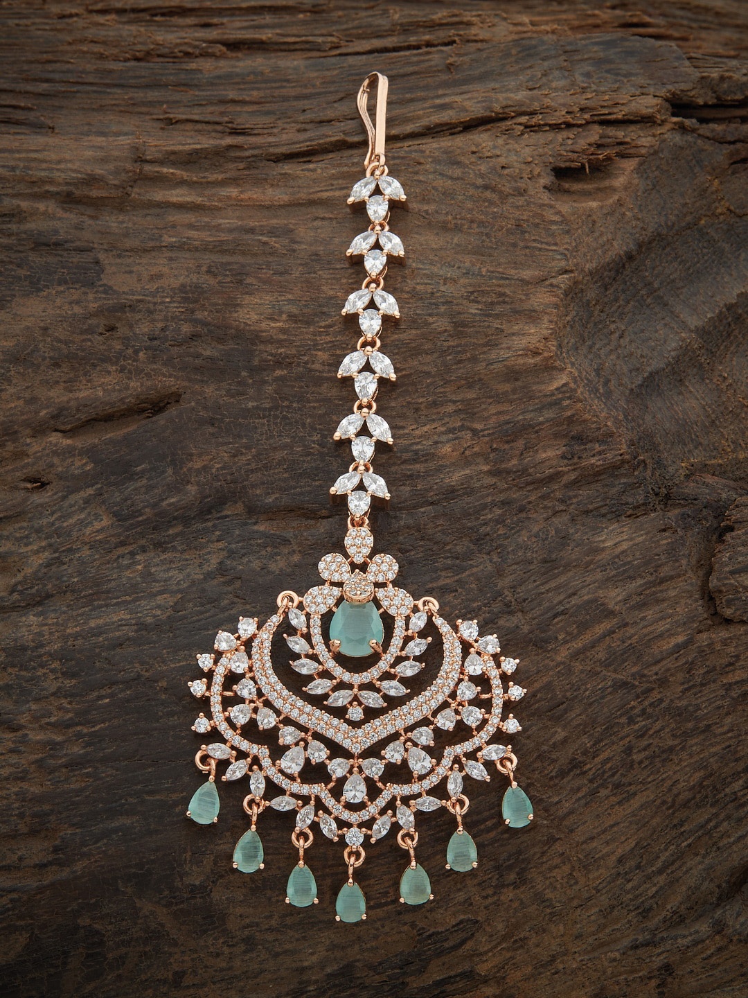 Kushal's Fashion Jewellery Women Sea-Green & White CZ Stone-Studded Maang Tikka, Rose gold
Kushal's Fashion Jewellery Women Sea-Green & White CZ Stone-Studded Maang Tikka, Rose gold