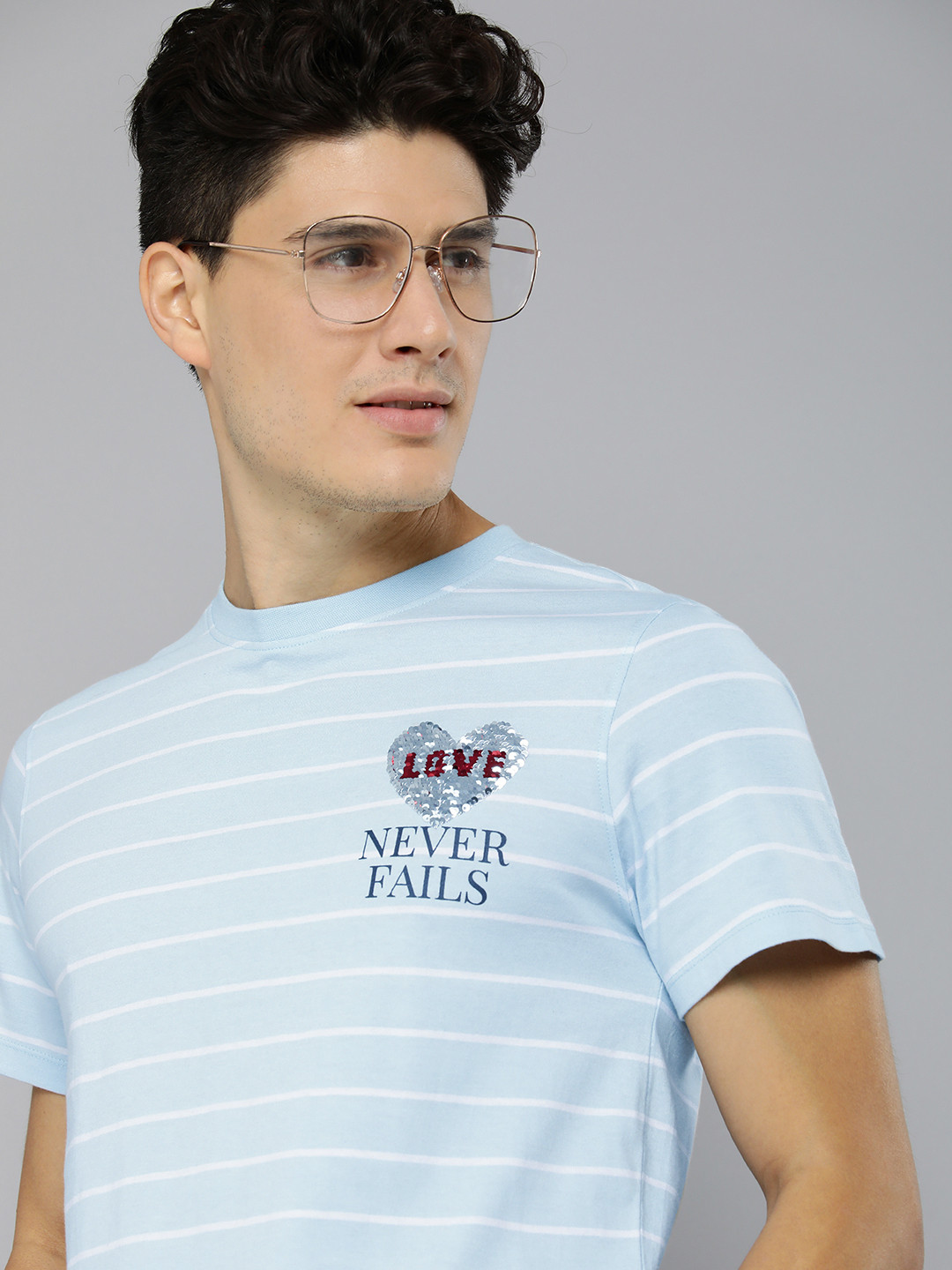 Mast & Harbour Men Pure Cotton Striped T-shirt, Blue 
Mast & Harbour Men Pure Cotton Striped T-shirt, Blue