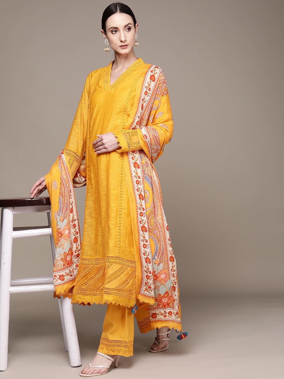 Ritu Kumar Women Yellow Beads and Stones Chanderi Cotton Kurta with Trousers & With Dupatta
Ritu Kumar Women Yellow Beads and Stones Chanderi Cotton Kurta with Trousers & With Dupatta