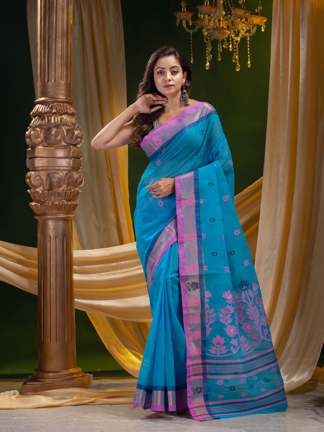 Mitera Blue & Pink Floral Woven Design Pure Cotton Saree