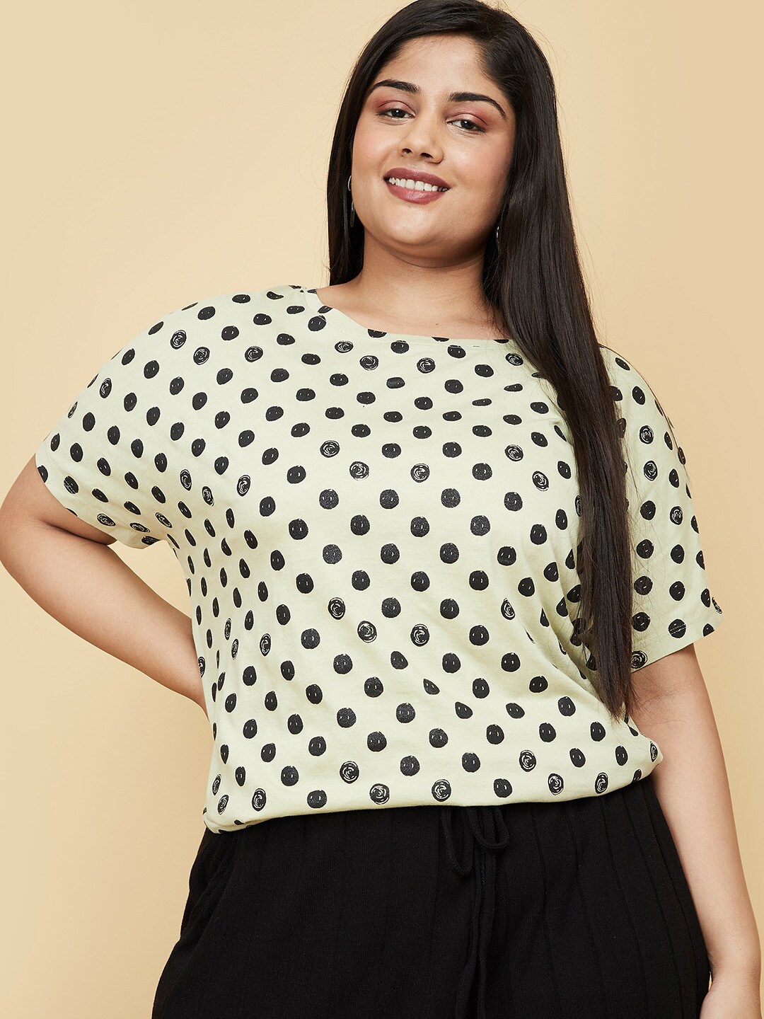 max Women Plus Size Green & Black Polka Dot Printed Pure Cotton Extended Sleeves T-shirt
max Women Plus Size Green & Black Polka Dot Printed Pure Cotton Extended Sleeves T-shirt