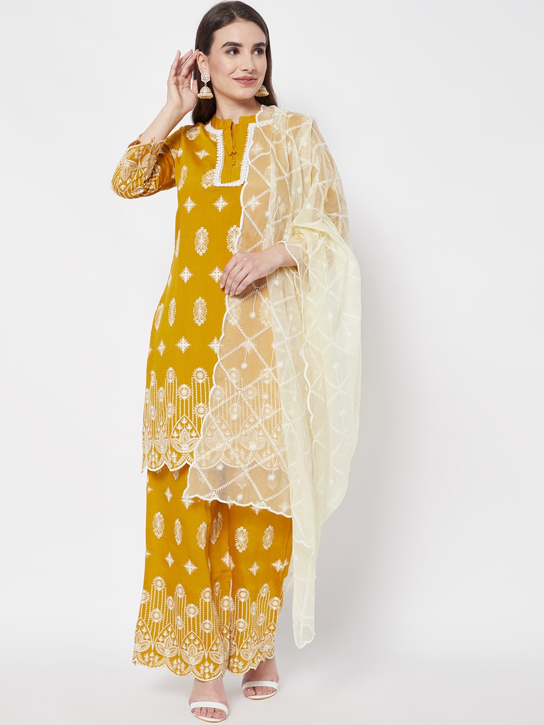 HEEPOSH Women Mustard Yellow Floral Embroidered Thread Work Kurta with Palazzos & Dupatta
HEEPOSH Women Mustard Yellow Floral Embroidered Thread Work Kurta with Palazzos & Dupatta