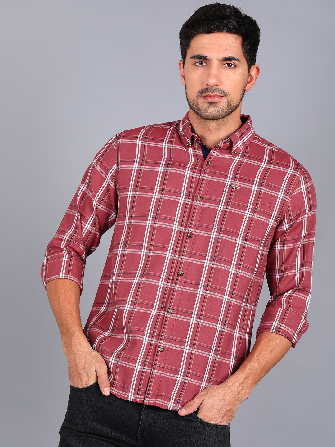 Urbano Fashion Men Slim Fit Checked Cotton Casual Shirt, Red