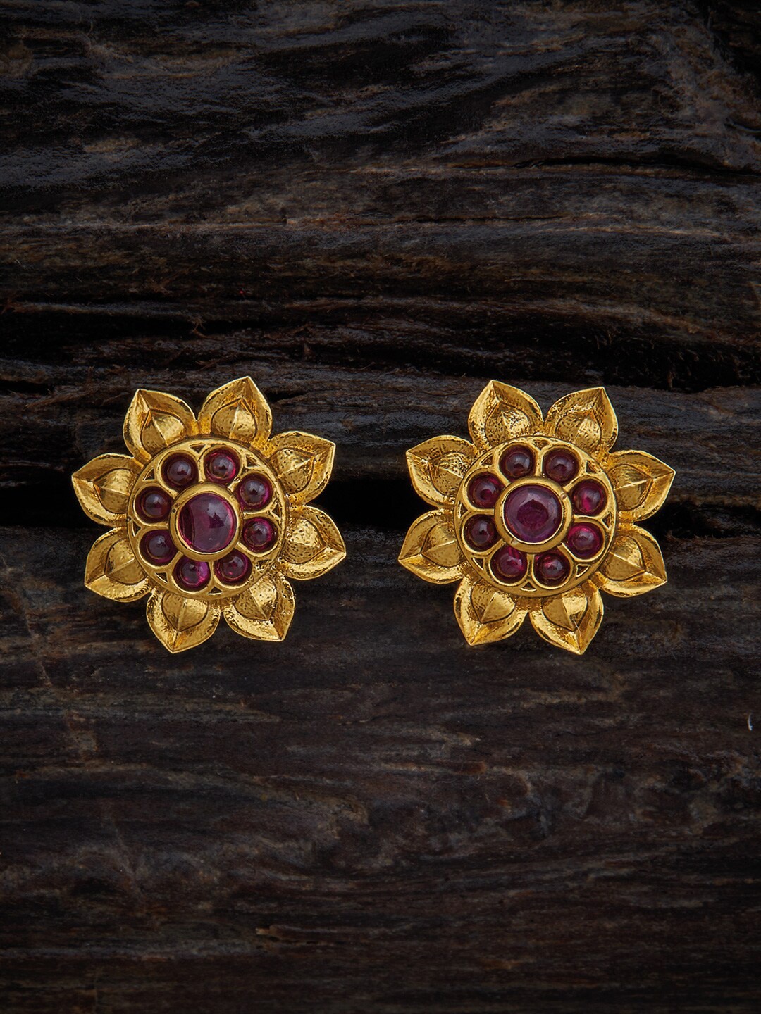 Kushal's Fashion Jewellery Gold-Toned & Maroon Floral Studs Earrings