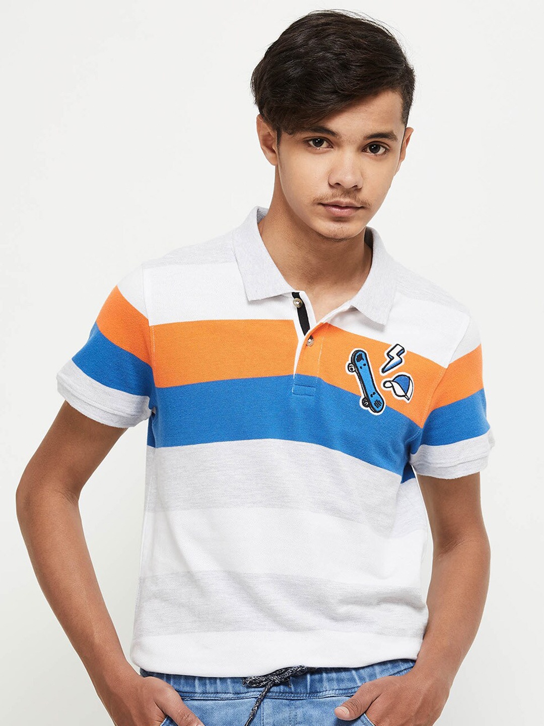 max Boys White & Blue Striped Polo Collar T-shirt