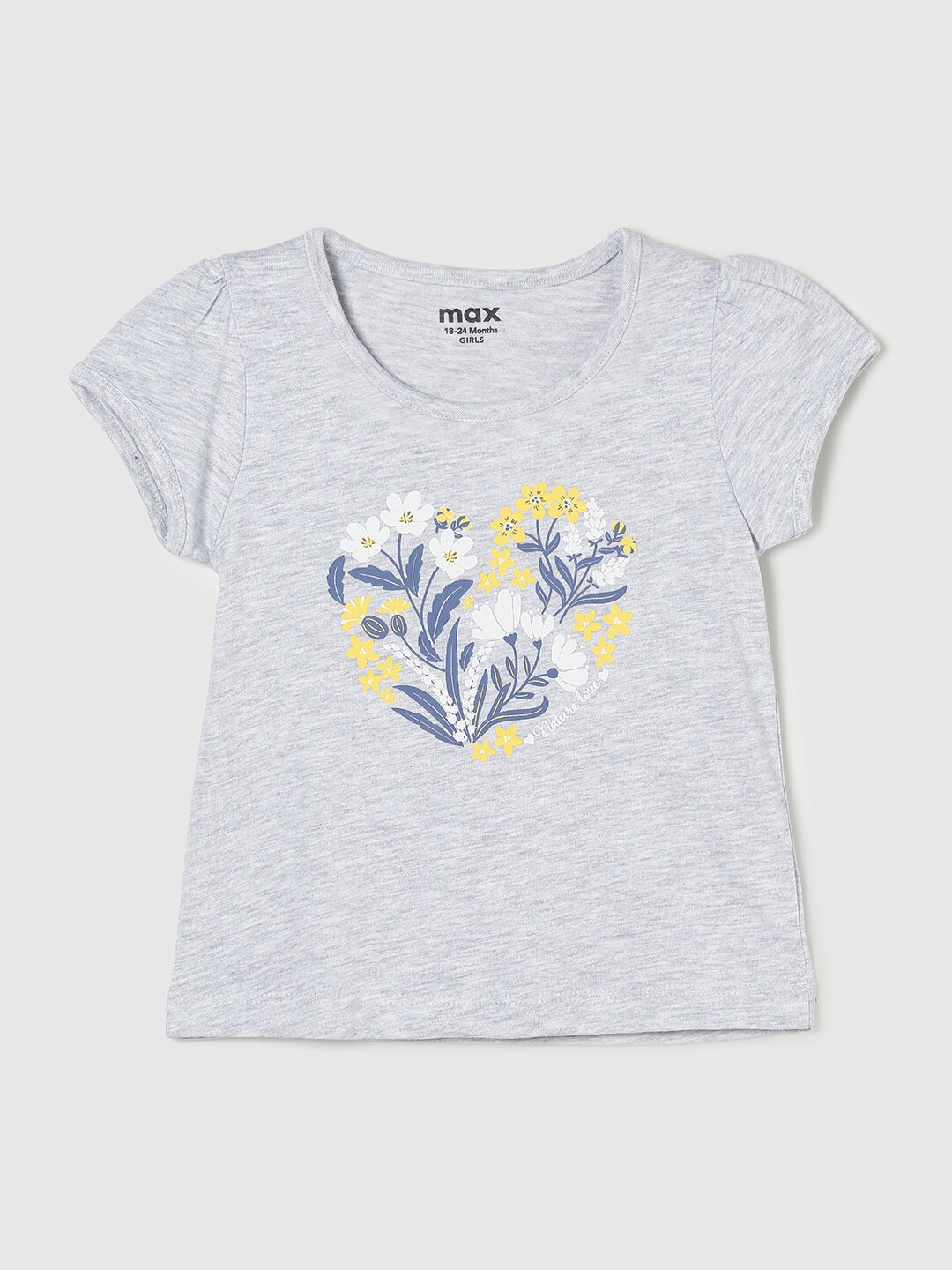 max Girls Grey & White Floral Printed Pure Cotton T-shirt