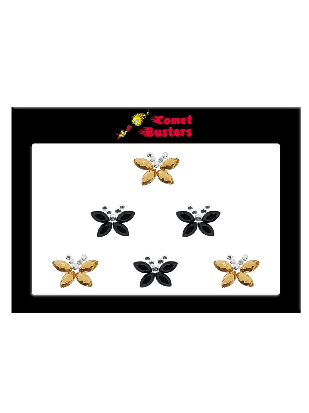 Comet Busters 6 Pcs Embellished Reusable Butterfly-Shaped Bindis - Black & Gold-Toned
Comet Busters 6 Pcs Embellished Reusable Butterfly-Shaped Bindis - Black & Gold-Toned
