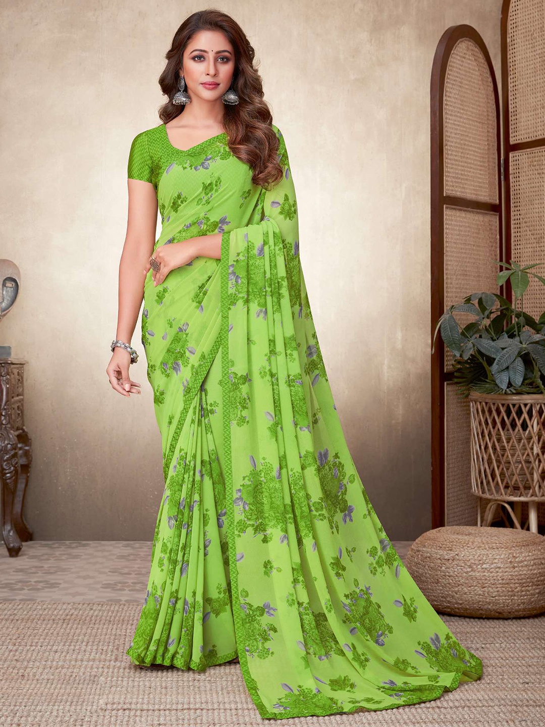 Satrani Green & Grey Floral Saree