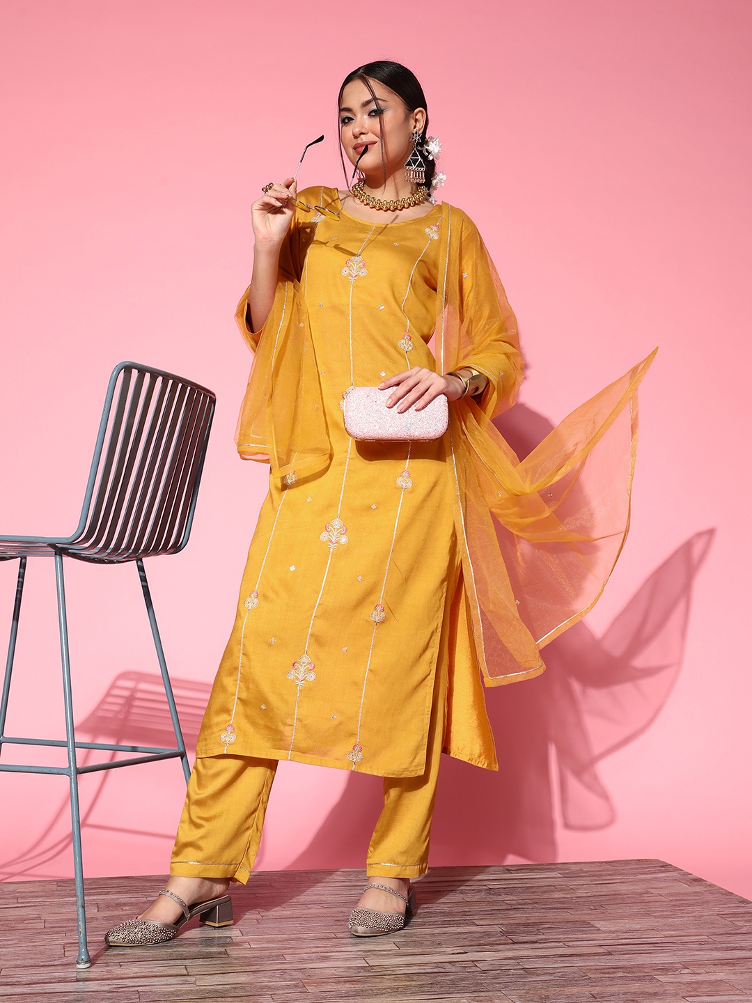 SheWill Women Ethnic Motifs Embroidered Sequinned Kurta with Trousers & Dupatta, Yellow
SheWill Women Ethnic Motifs Embroidered Sequinned Kurta with Trousers & Dupatta, Yellow