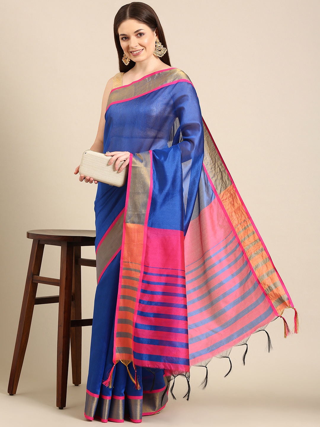 Anouk Blue & Red Chanderi Saree