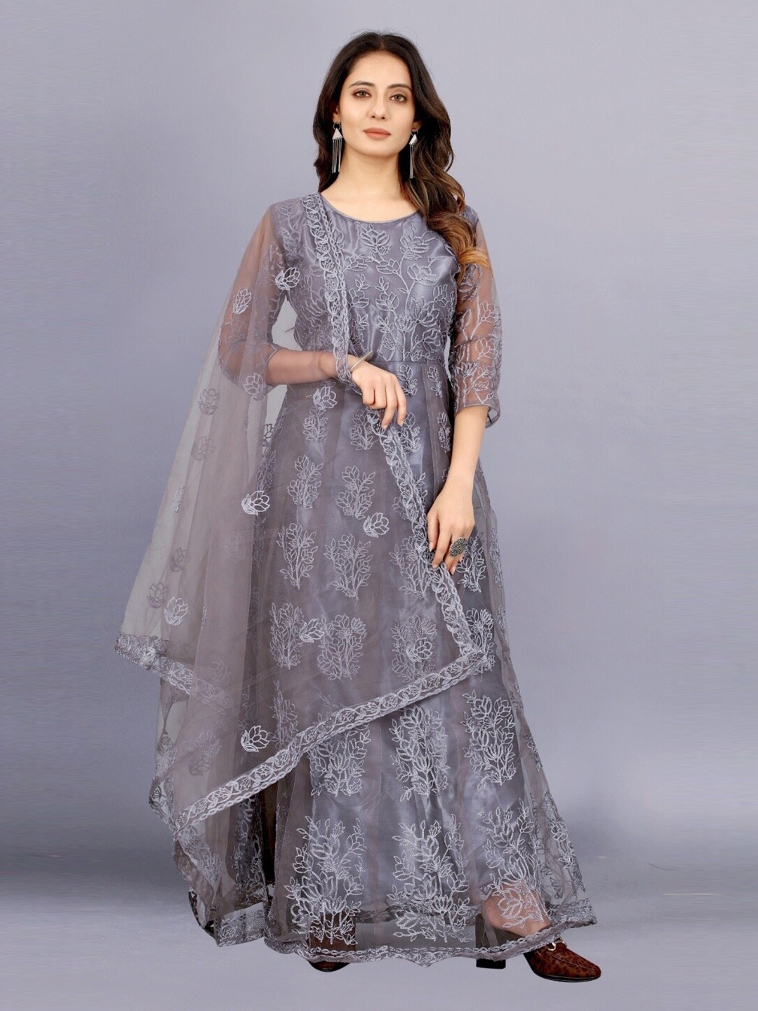 APNISHA Women Grey Floral Embroidered Net Ethnic Semi-Stitched Maxi Dress With Dupatta
APNISHA Women Grey Floral Embroidered Net Ethnic Semi-Stitched Maxi Dress With Dupatta