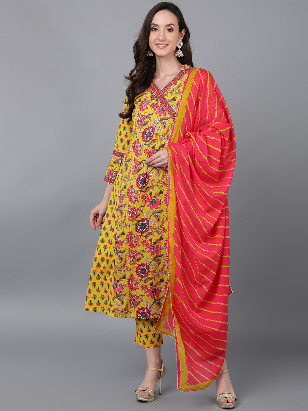 AHIKA Women Yellow Floral Printed Angrakha Pure Cotton Kurta with Trousers & Dupatta 
AHIKA Women Yellow Floral Printed Angrakha Pure Cotton Kurta with Trousers & Dupatta