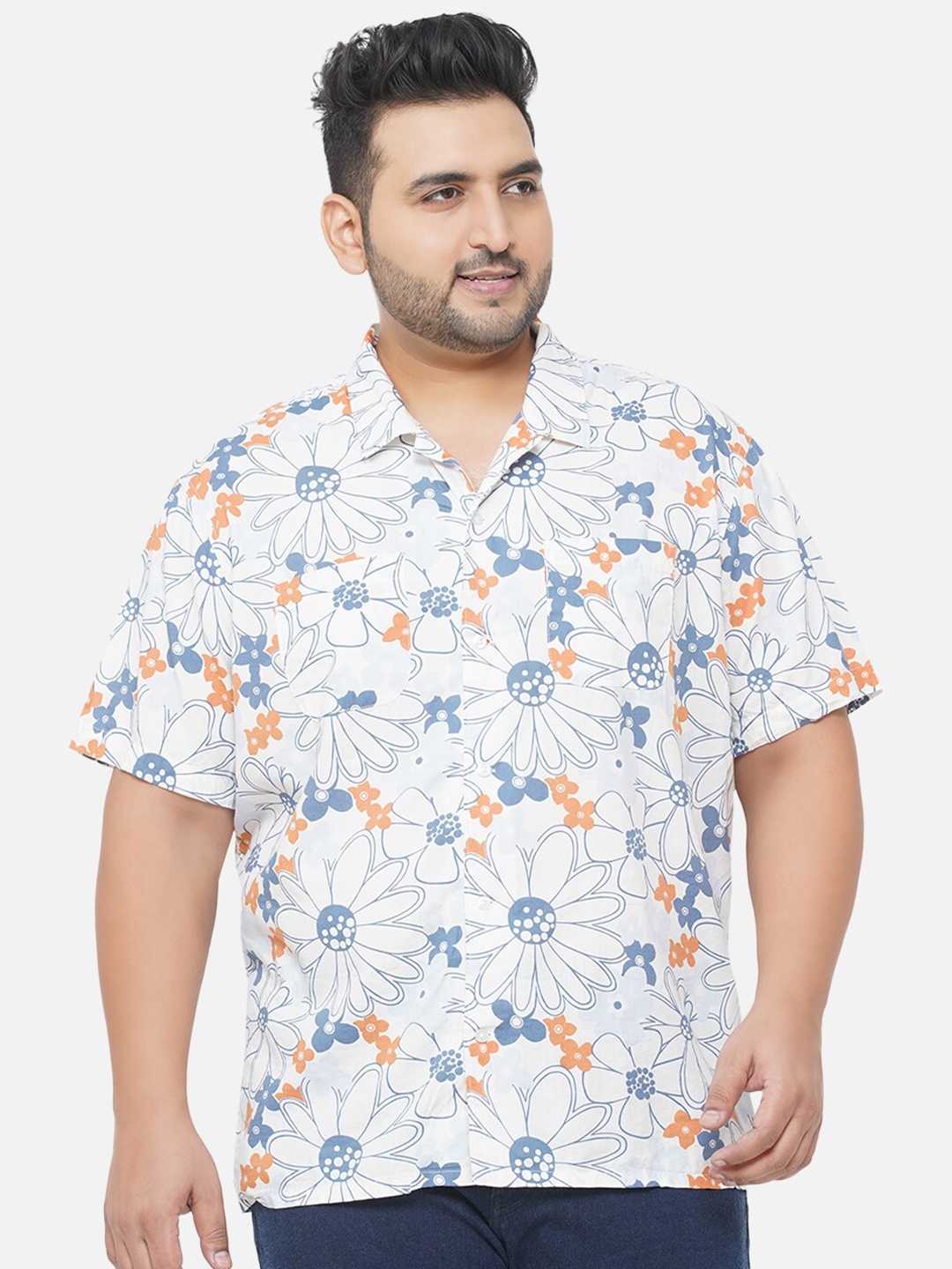 Santonio Men Plus Size White Comfort Floral Printed Casual Shirt