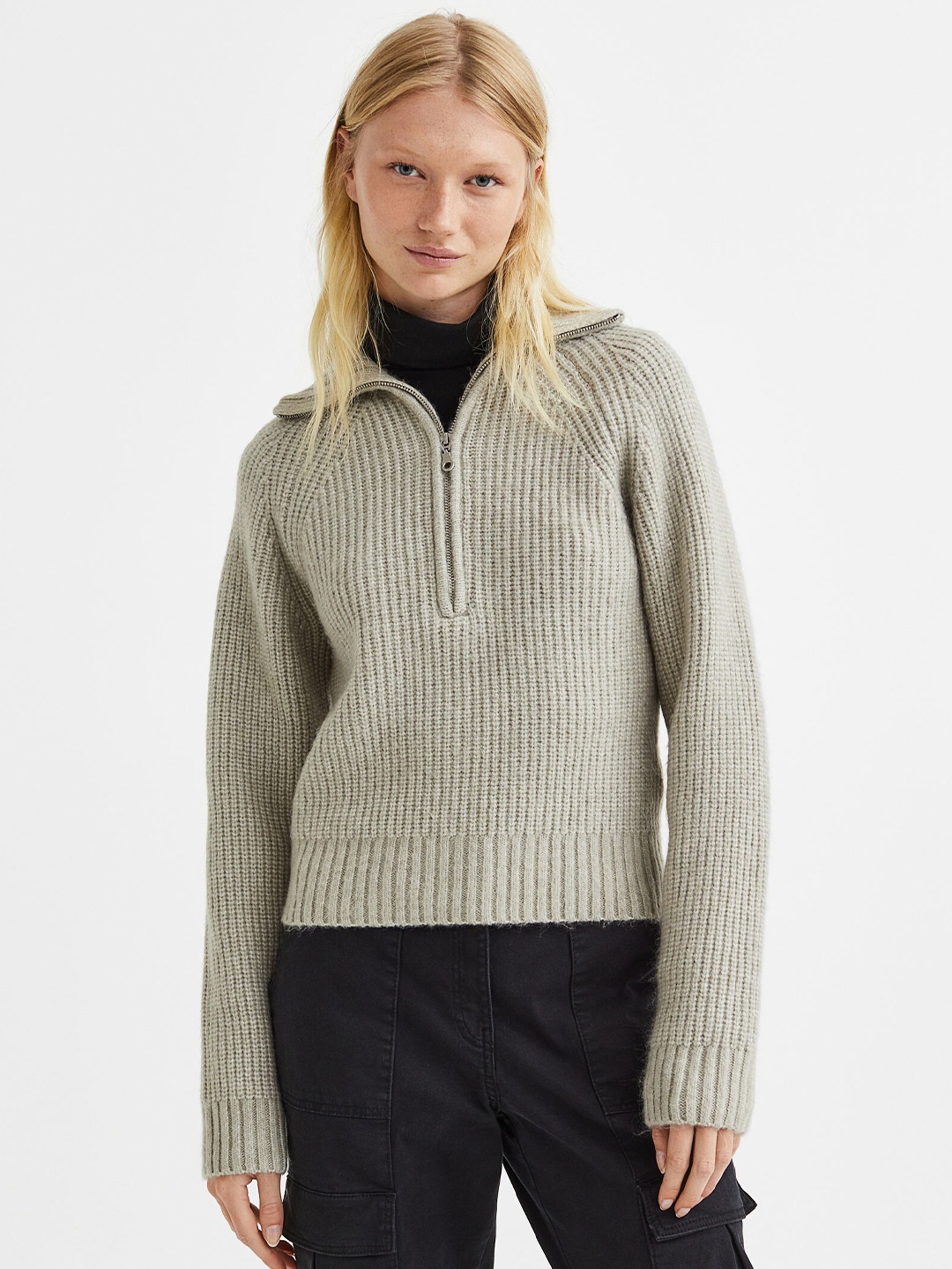 H&M Women Zip-top rib-knit jumper, Grey
