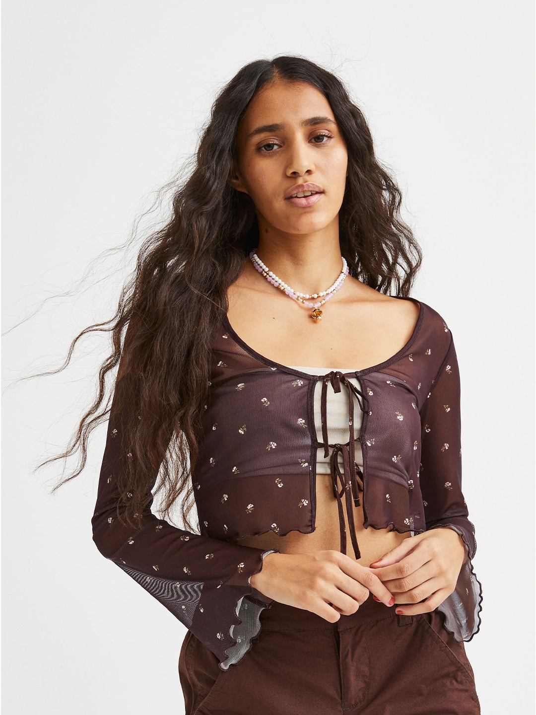 H&M Woman Tie-front mesh top, Brown