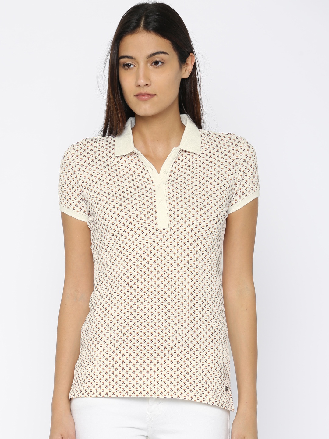 U.S. Polo Assn. Women Women Off-White Printed Polo Collar T-shirt