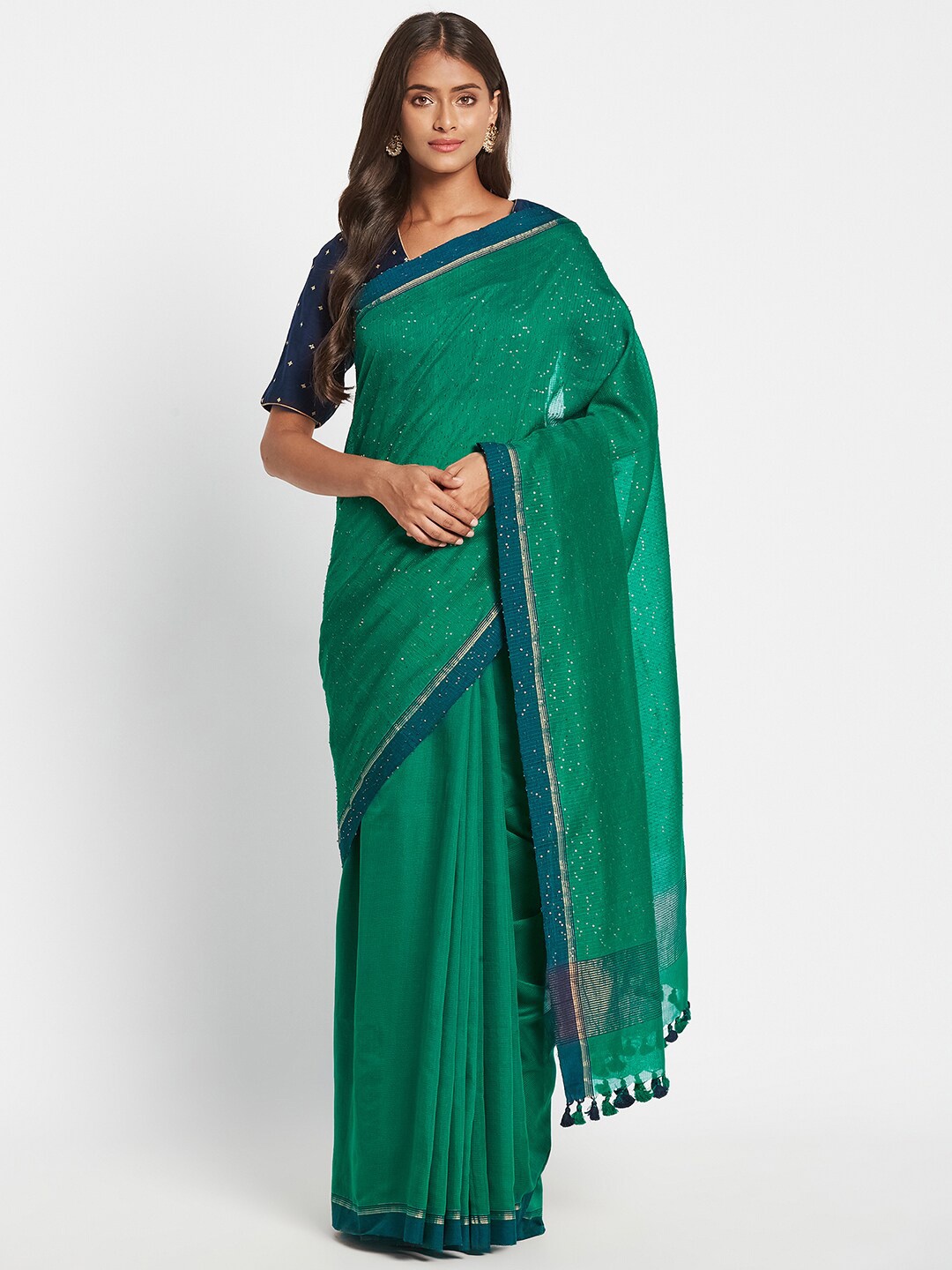 Fabindia Green & Blue Woven Design Saree
