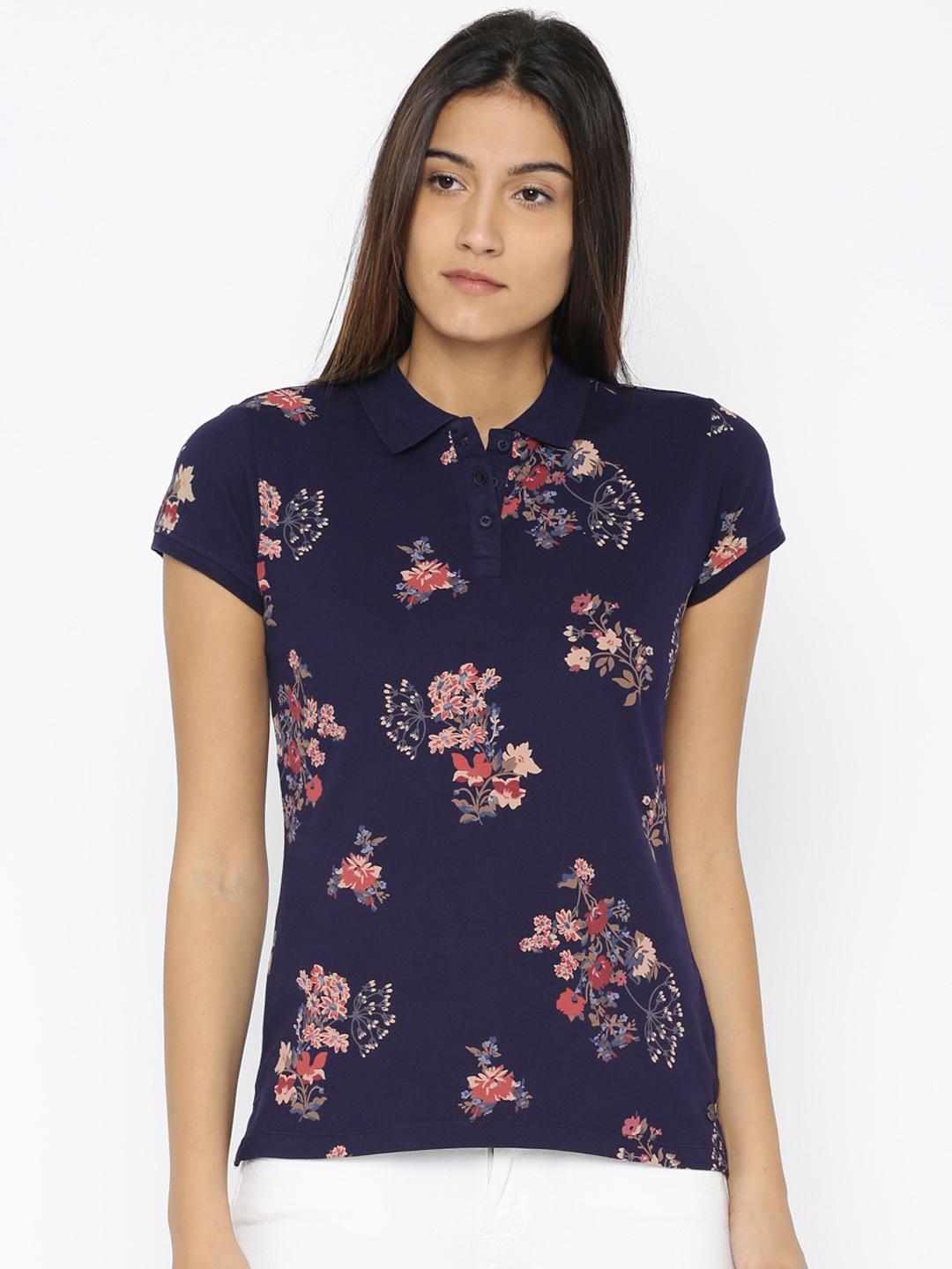 U.S. Polo Assn. Women Purple Floral Printed Polo Collar T-shirt