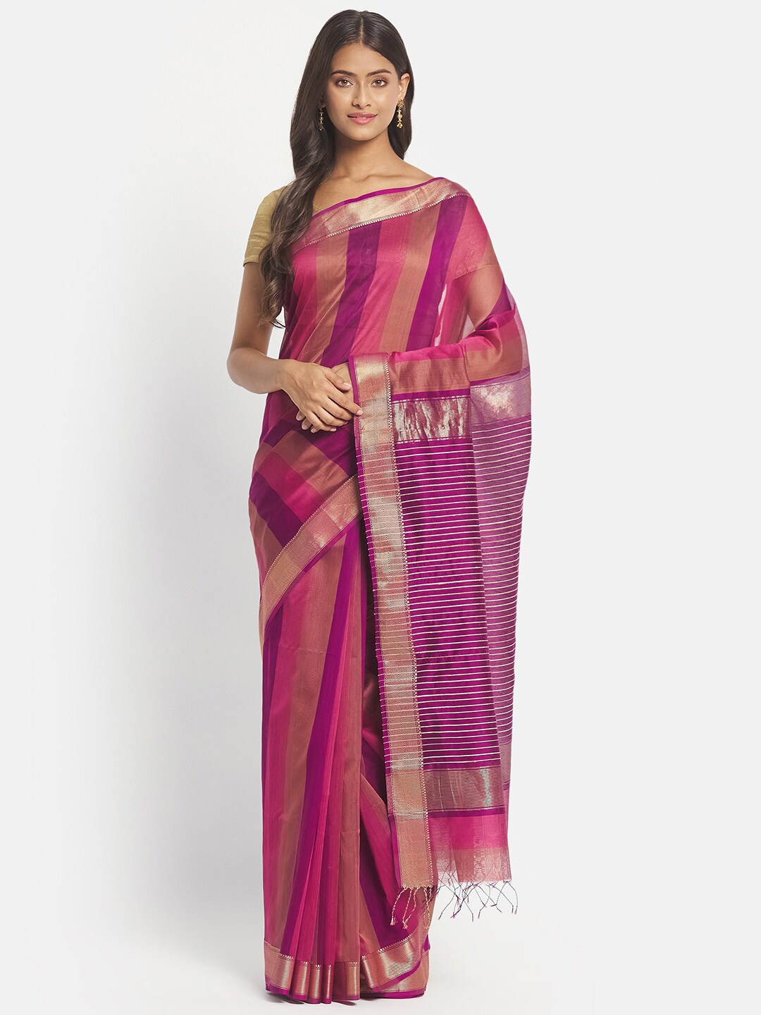 Fabindia Purple & Gold-Toned Woven Design Silk Cotton Ready to Wear Maheshwari Saree
Fabindia Purple & Gold-Toned Woven Design Silk Cotton Ready to Wear Maheshwari Saree