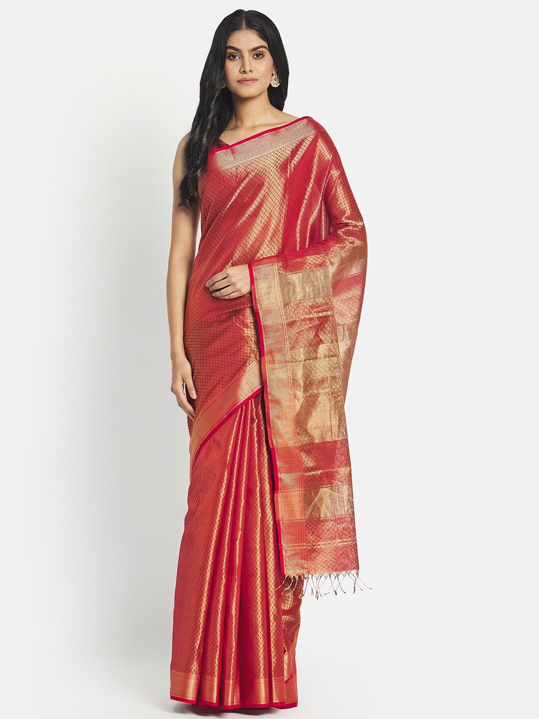 Fabindia Red & Gold-Toned Woven Design Zari Silk Cotton Ready to Wear Maheshwari Saree
Fabindia Red & Gold-Toned Woven Design Zari Silk Cotton Ready to Wear Maheshwari Saree