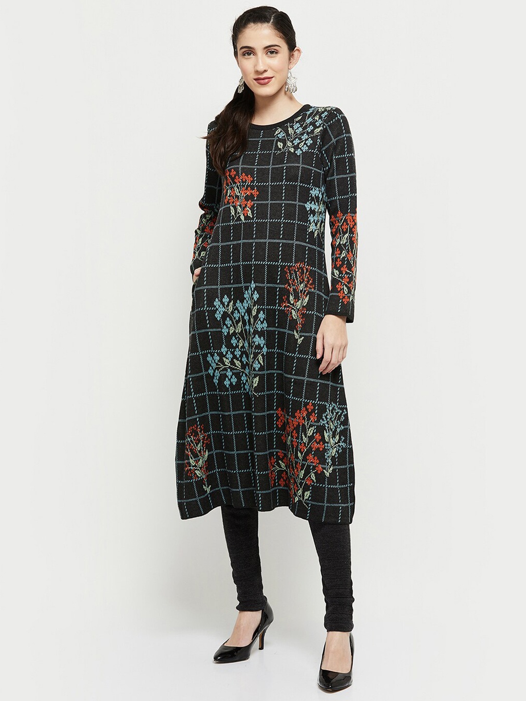 max Women Grey & Blue Floral Printed Kurta