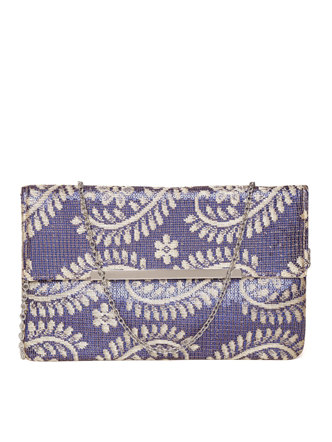 GIORDANO Blue & Beige Patterned Sequinned Clutch with Chain Strap
