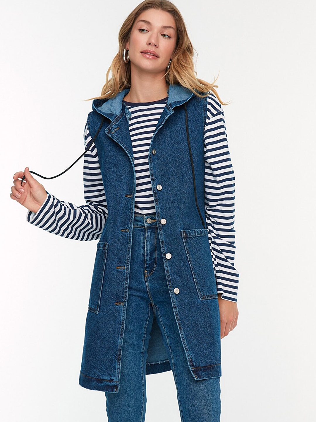 Trendyol Women Longline Denim Jacket, Blue