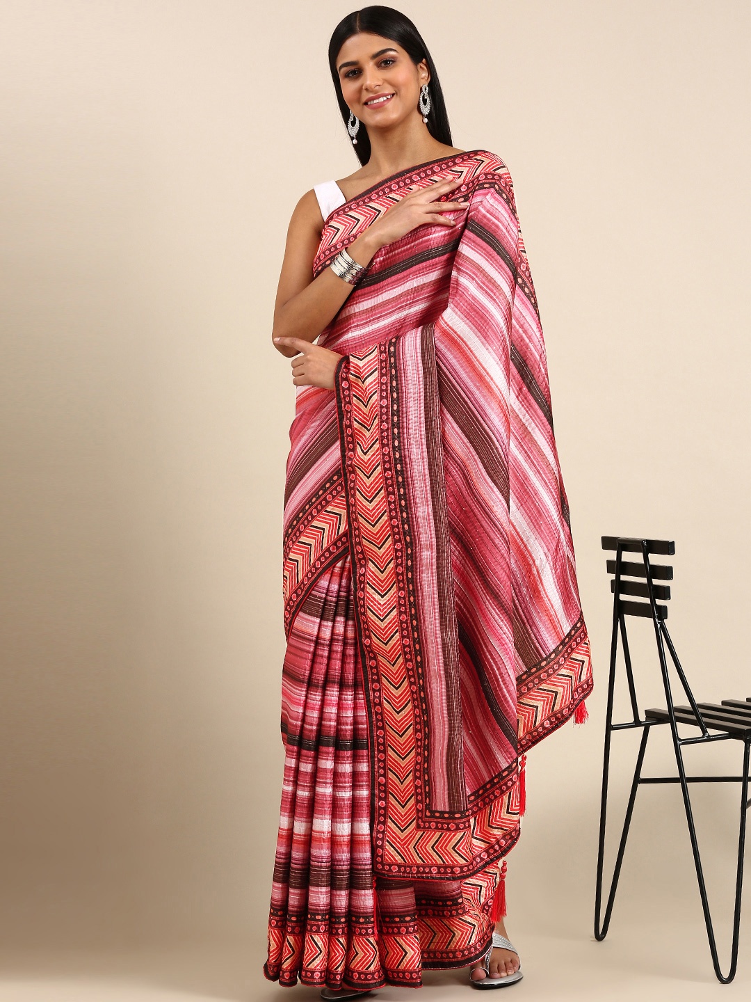 kasee Striped Satin Saree, Multi