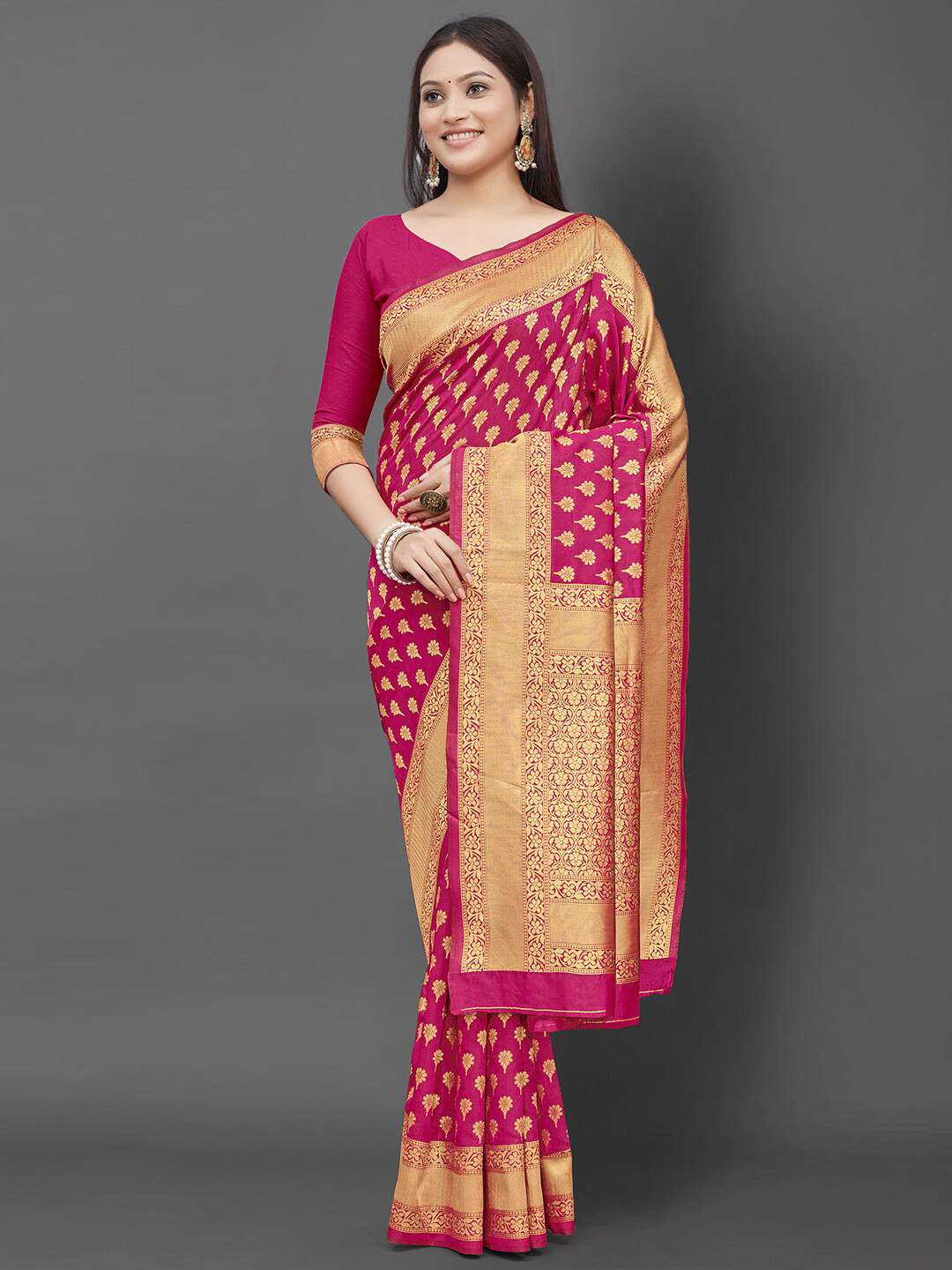 Mitera Women Pink & Gold-Toned Woven Design Silk Blend Banarasi Saree with Matching Blouse
Mitera Women Pink & Gold-Toned Woven Design Silk Blend Banarasi Saree with Matching Blouse