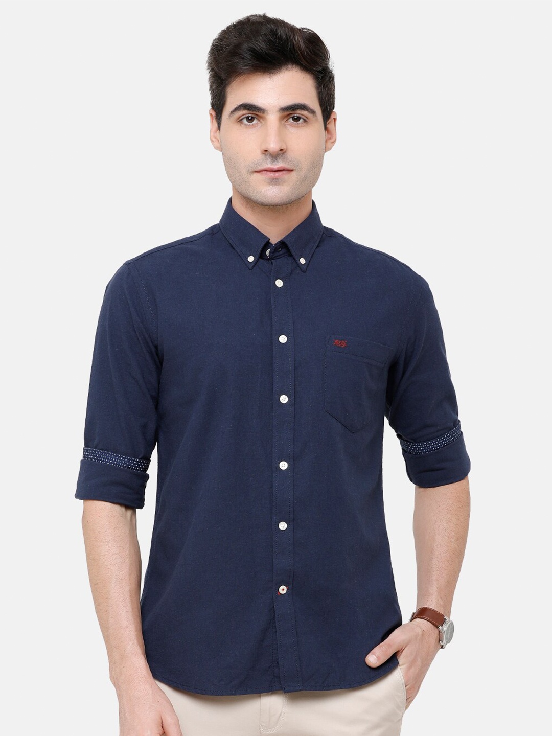 Double Two Men Blue Slim Fit Cotton Casual Shirt