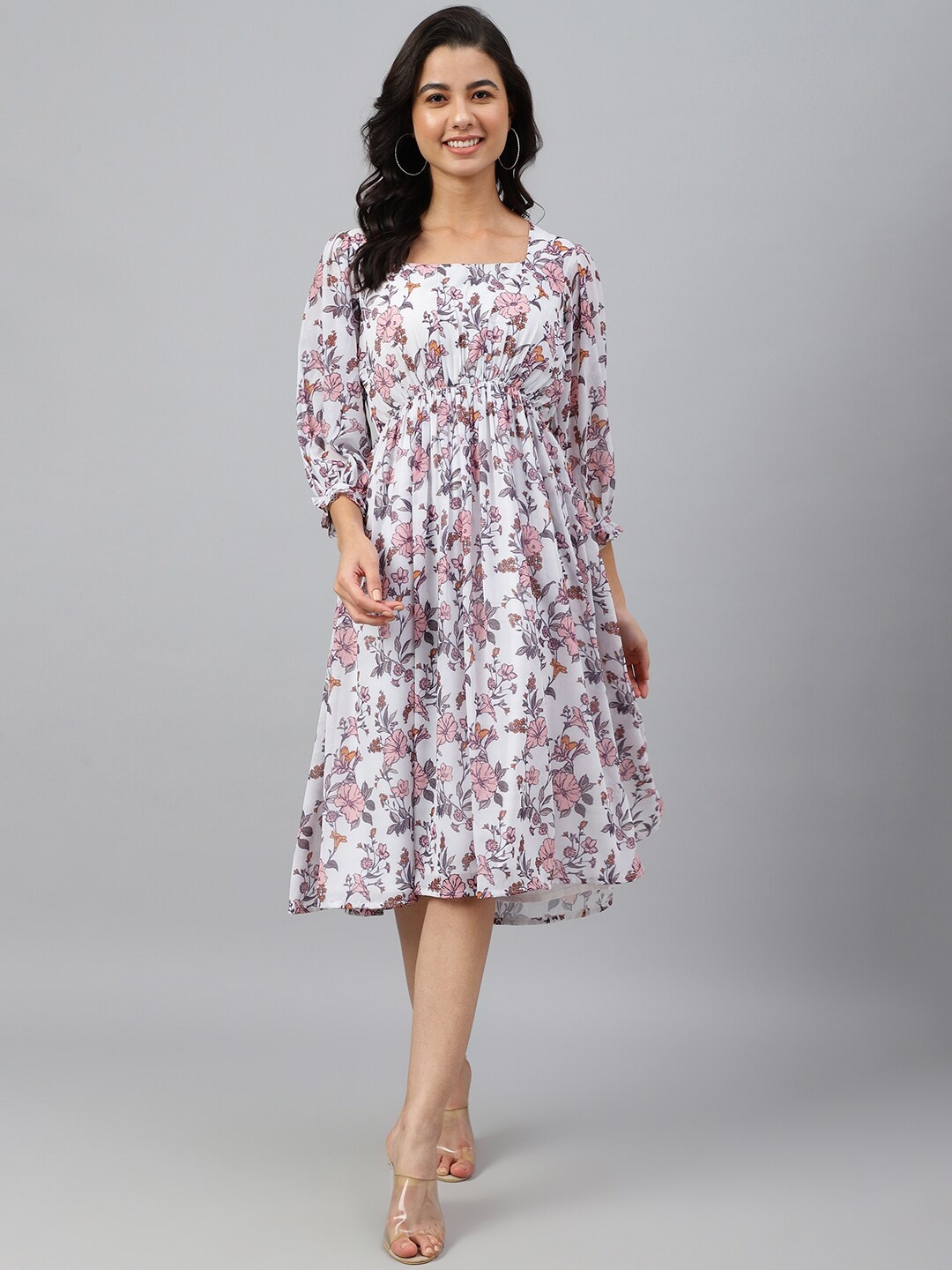 Janasya Women White Georgette Floral Print Flared Western Dressette Midi Dress