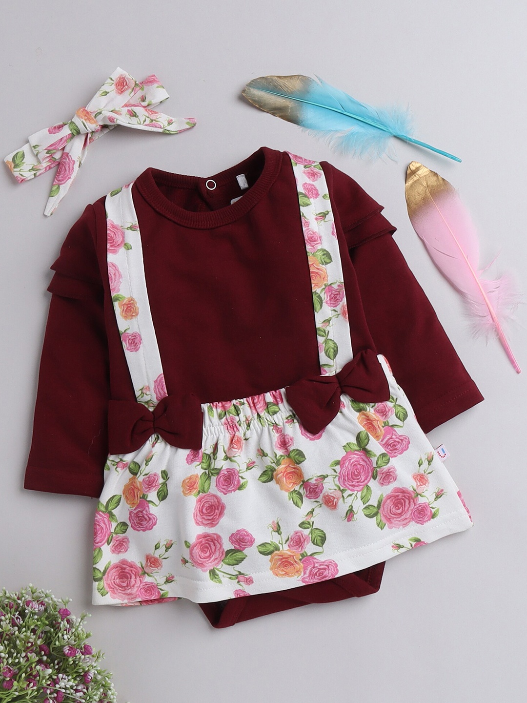 BUMZEE Girls Maroon Floral Dress