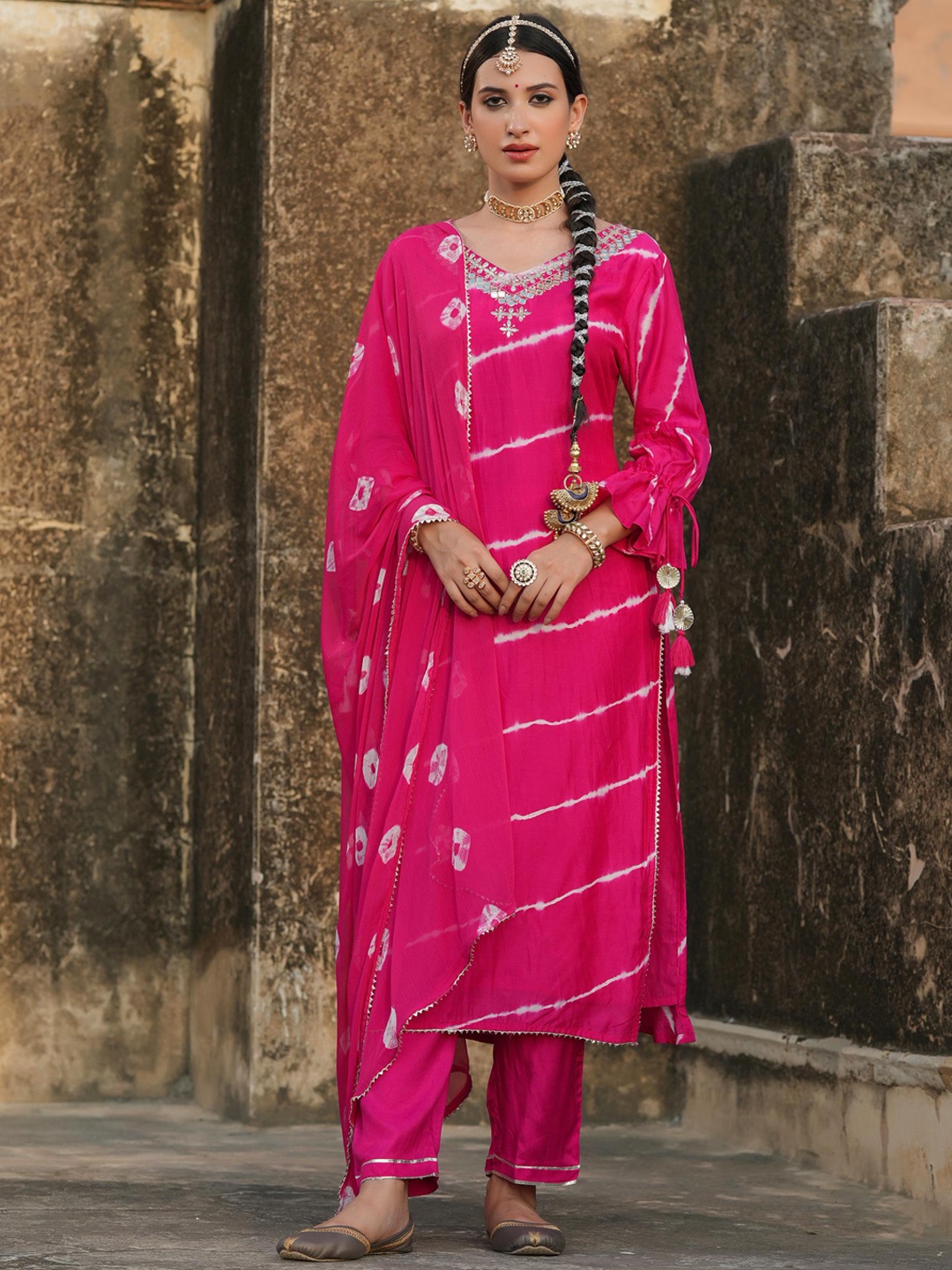 SCAKHI Women Leheriya Dyed Mirror Work Chanderi Cotton Kurta with Trousers & Dupatta, Pink
SCAKHI Women Leheriya Dyed Mirror Work Chanderi Cotton Kurta with Trousers & Dupatta, Pink