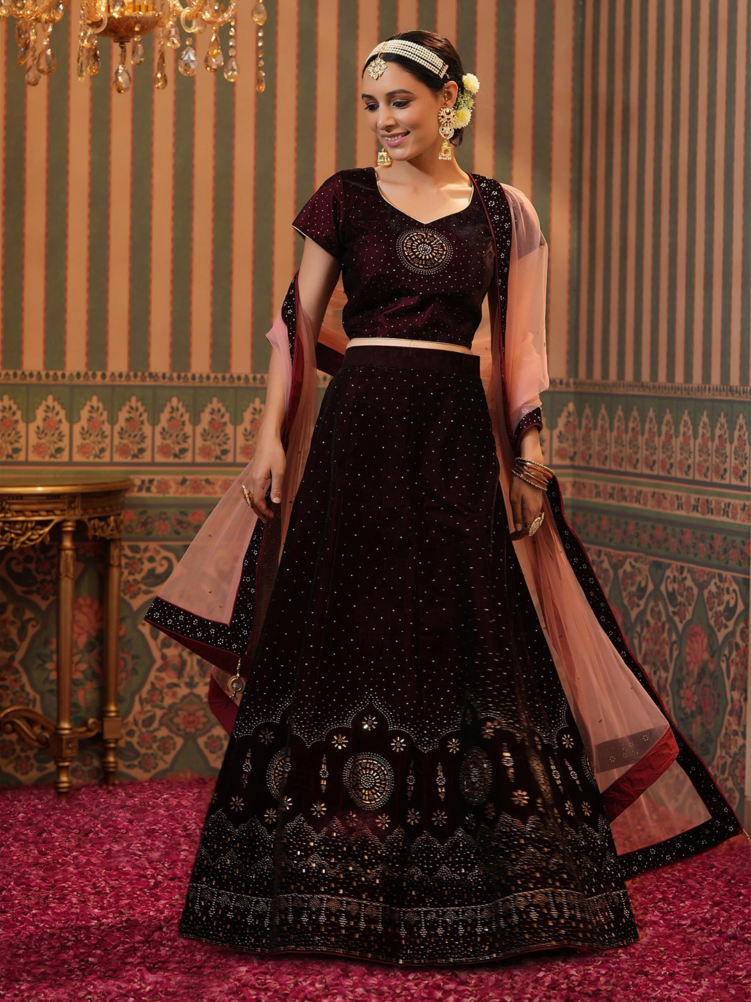 SCAKHI Maroon & Peach-Coloured Embellished Ready to Wear Lehenga & Blouse With Dupatta
SCAKHI Maroon & Peach-Coloured Embellished Ready to Wear Lehenga & Blouse With Dupatta