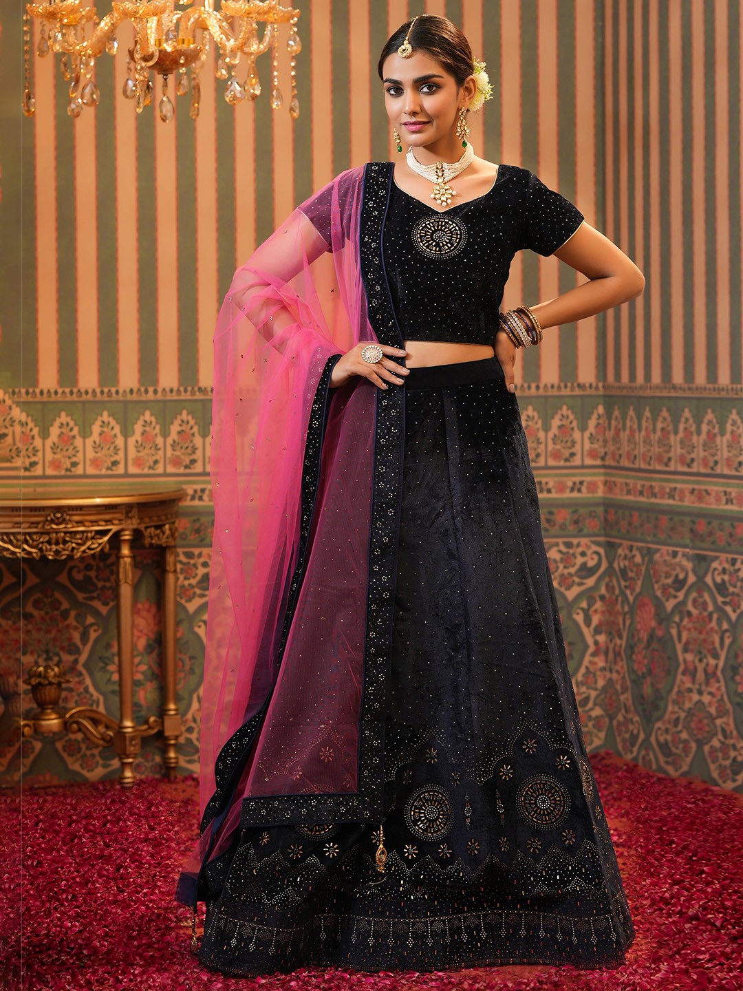 SCAKHI Women Navy Blue & Pink Embellished Beads and Stones Ready to Wear Lehenga & Blouse With Dupatta
SCAKHI Women Navy Blue & Pink Embellished Beads and Stones Ready to Wear Lehenga & Blouse With Dupatta