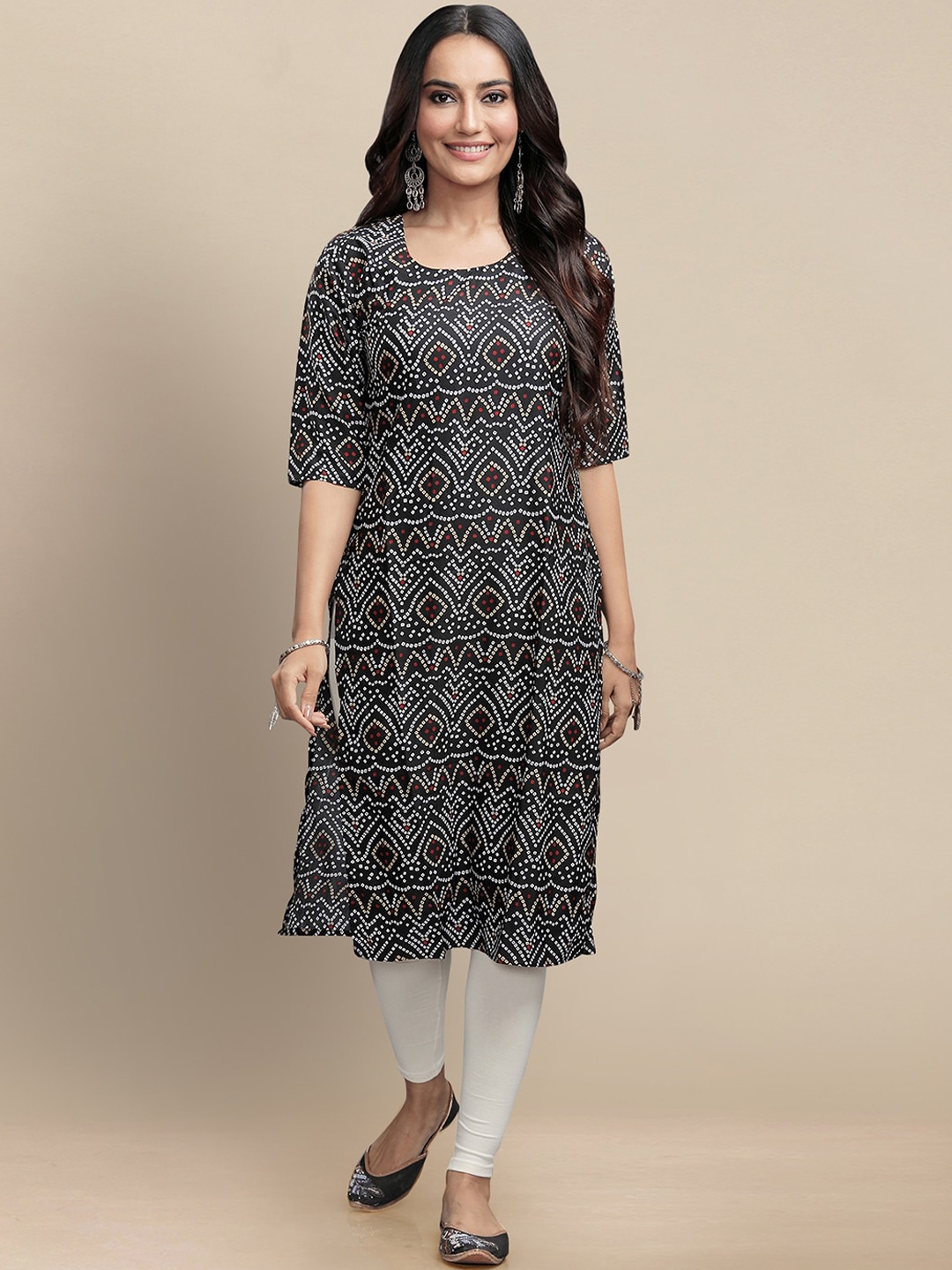 7Threads Women Multicoloured Geometric Striped Flared Sleeves Mirror Work Block Print Crepe Kurta, Multi
7Threads Women Multicoloured Geometric Striped Flared Sleeves Mirror Work Block Print Crepe Kurta, Multi