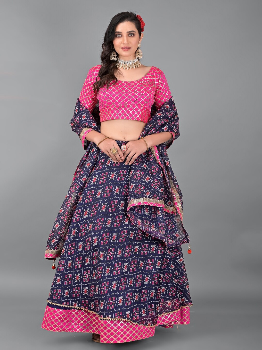 Apratim Blue & Pink Embellished Ikat Ready to Wear Lehenga & Unstitched Blouse With Dupatta
Apratim Blue & Pink Embellished Ikat Ready to Wear Lehenga & Unstitched Blouse With Dupatta