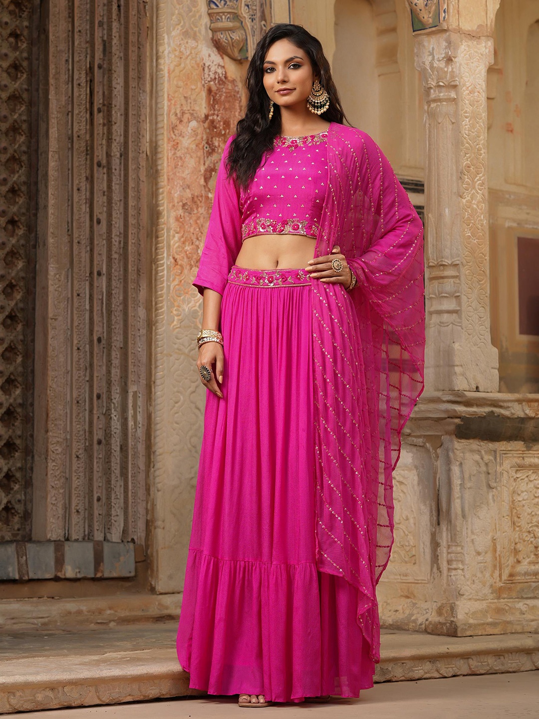 SCAKHI Women Pink & Gold-Toned Embellished Ready to Wear Lehenga & Blouse With Dupatta
SCAKHI Women Pink & Gold-Toned Embellished Ready to Wear Lehenga & Blouse With Dupatta