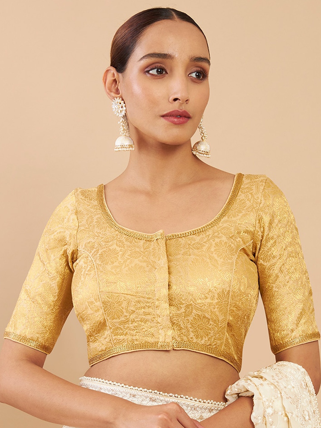 Soch Gold-Coloured Woven Design Art Silk Saree Blouse