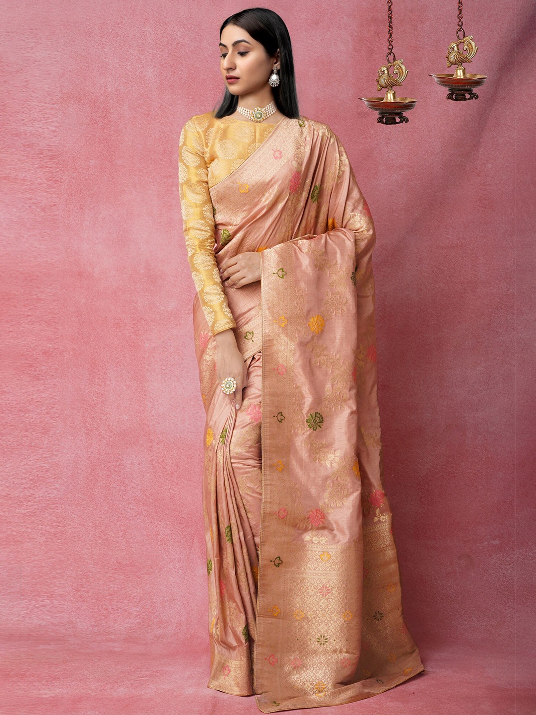 Unnati Silks Peach-Coloured & Gold-Toned Woven Design Zari Silk Blend Banarasi Saree
Unnati Silks Peach-Coloured & Gold-Toned Woven Design Zari Silk Blend Banarasi Saree