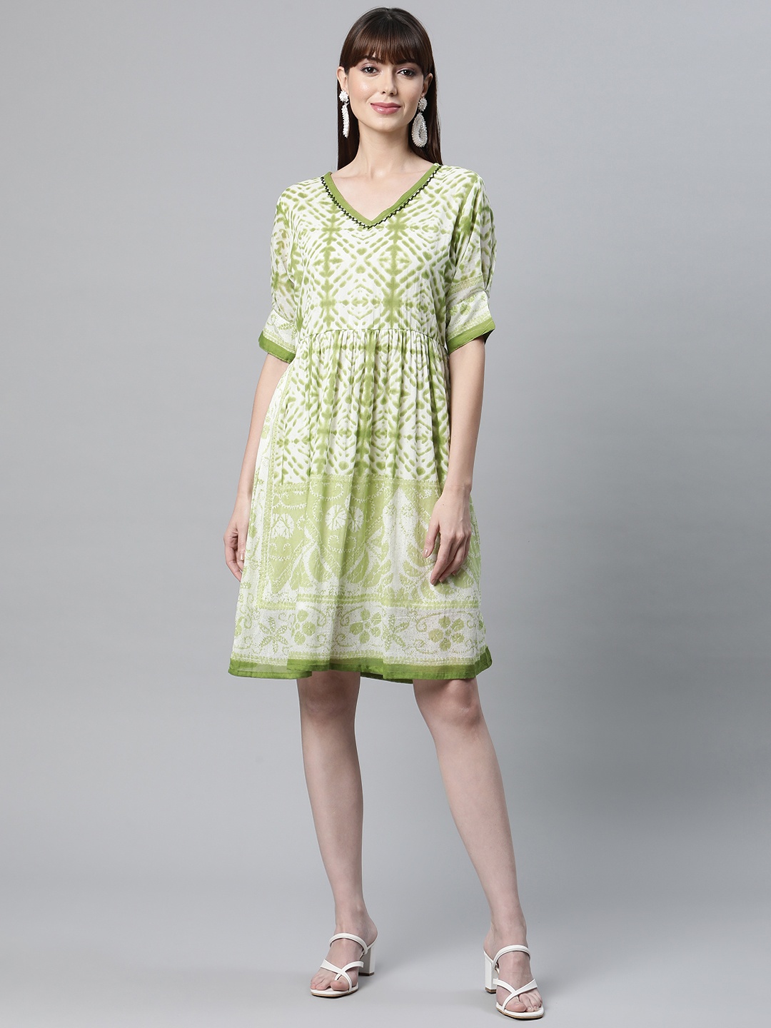Readiprint Fashions Green & White Tie and Dye A-Line Dress